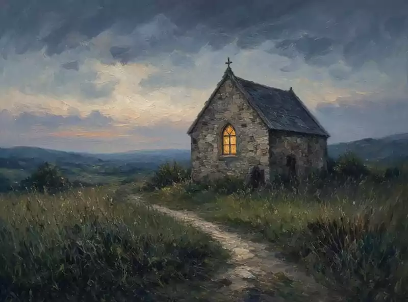 A small stone chapel with one warm window at dusk
