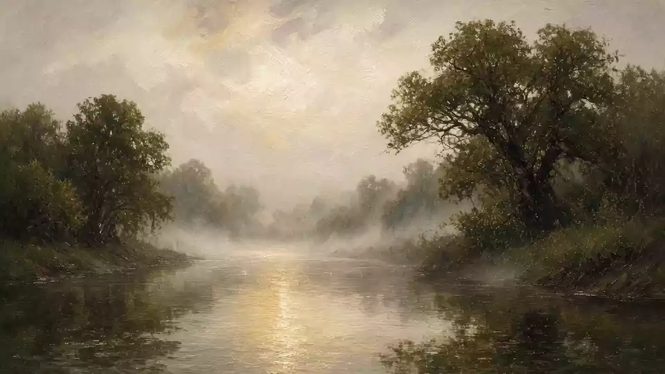 A quiet river at first light, painted in oil
