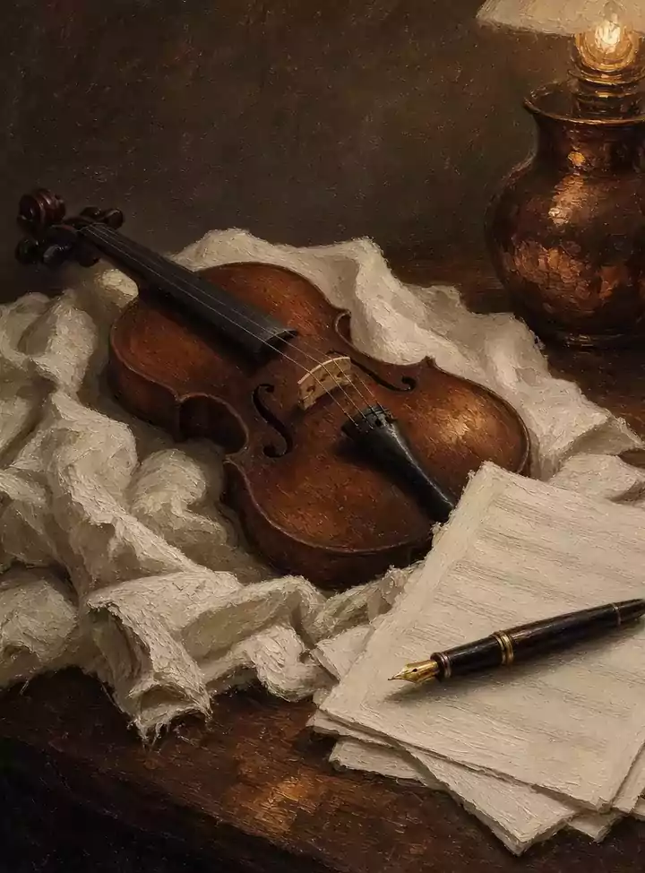 Violin still life painted in warm lamplight