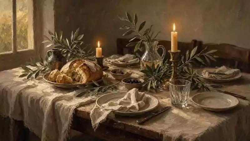 A long table set for a shared meal, painted in evening light
